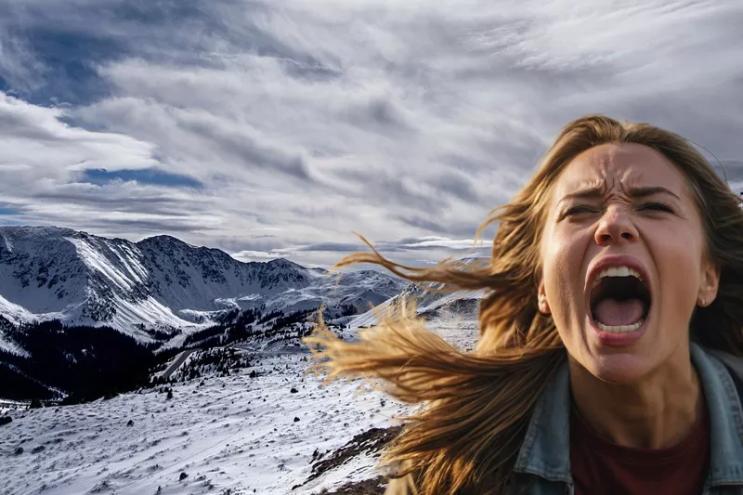 woman screaming on a mountain