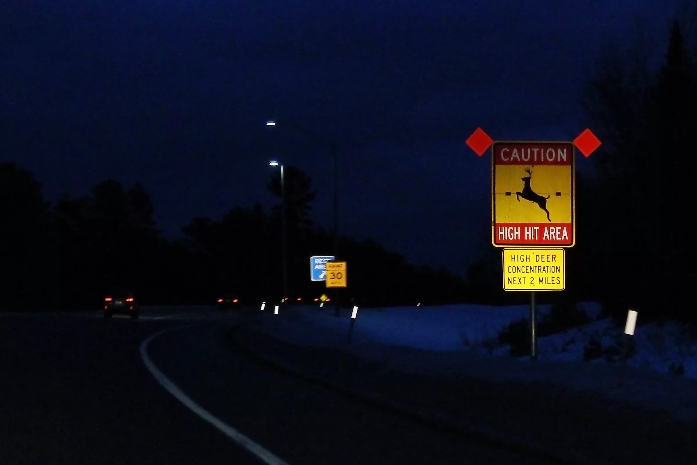 Deer crossing sign at night