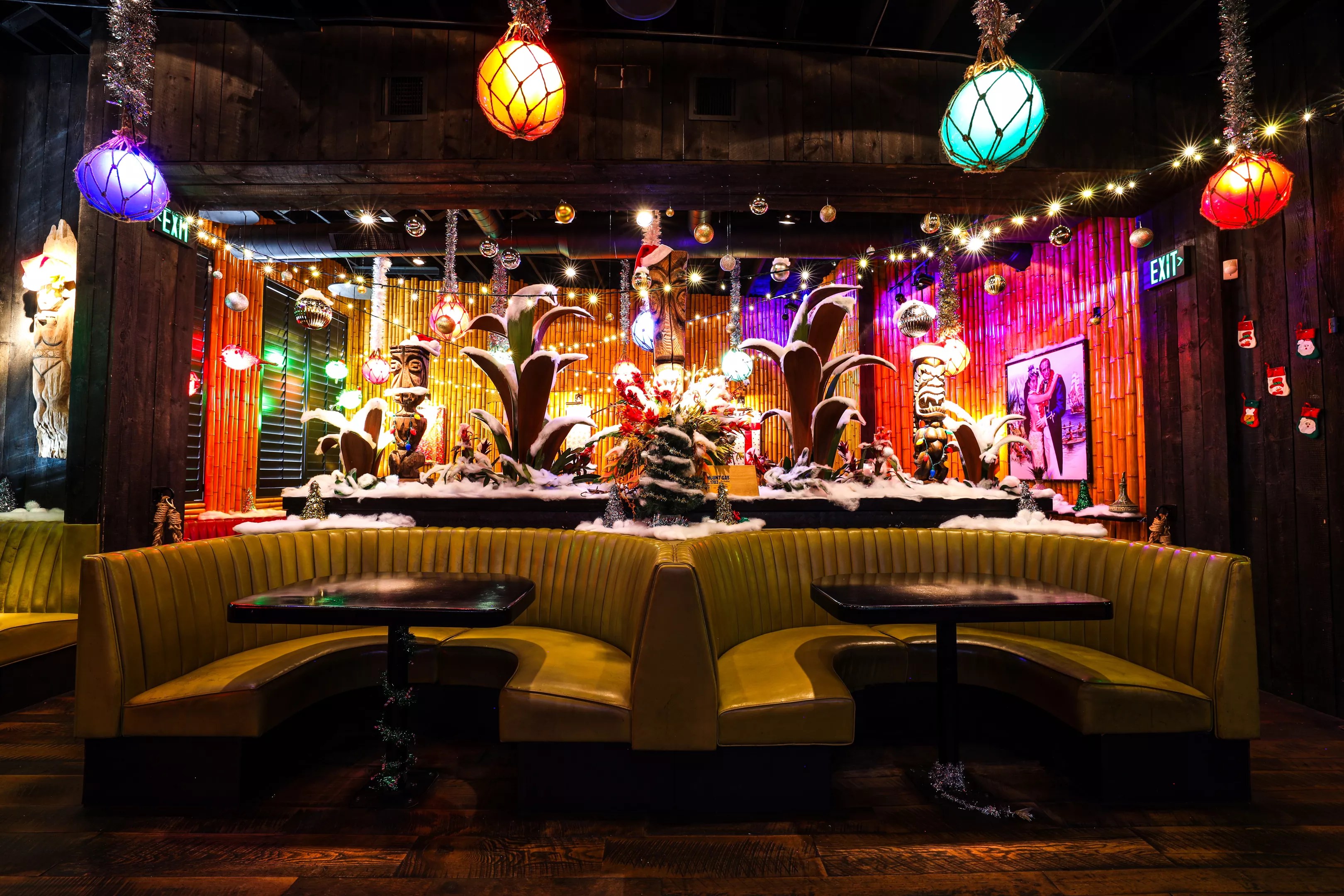 tiki bar with christmas decor