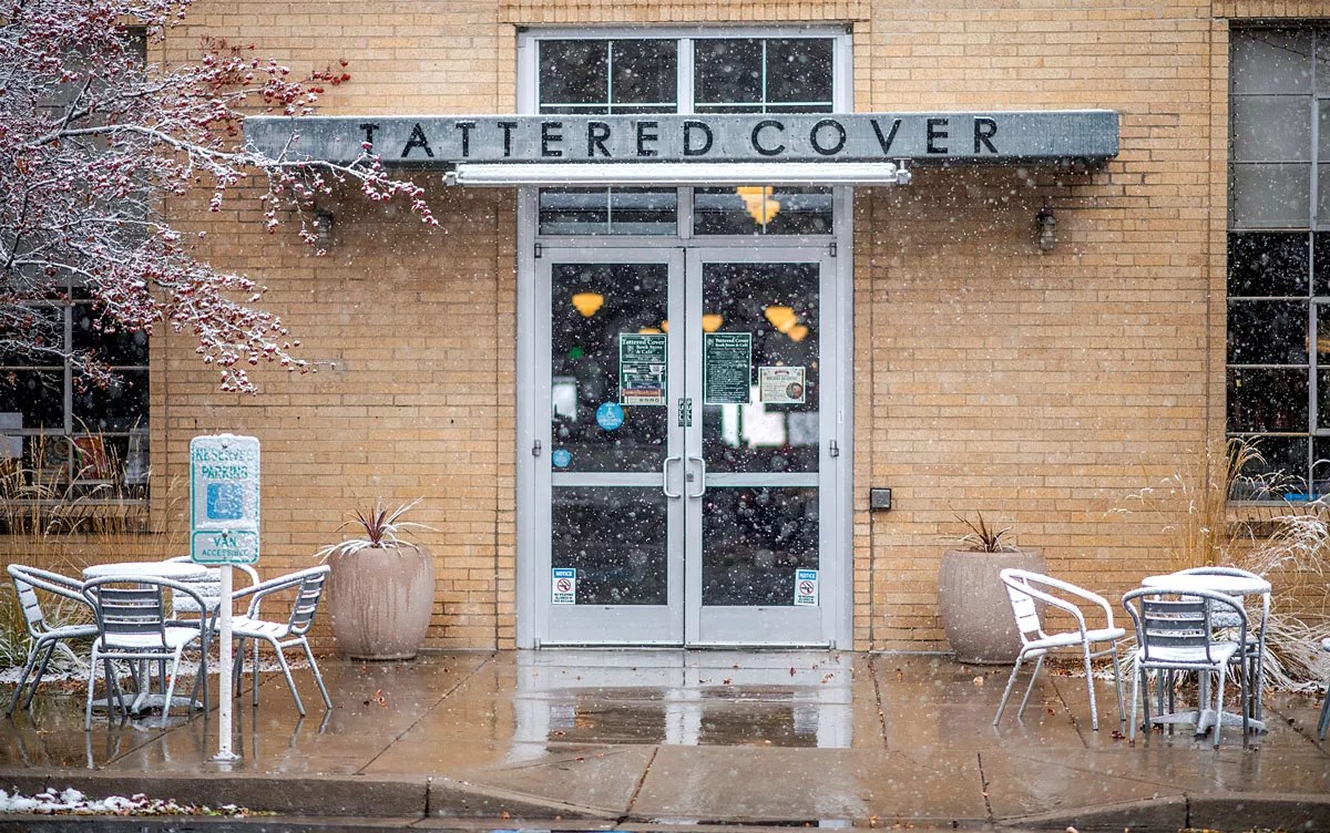 doorway to a bookstore in snow