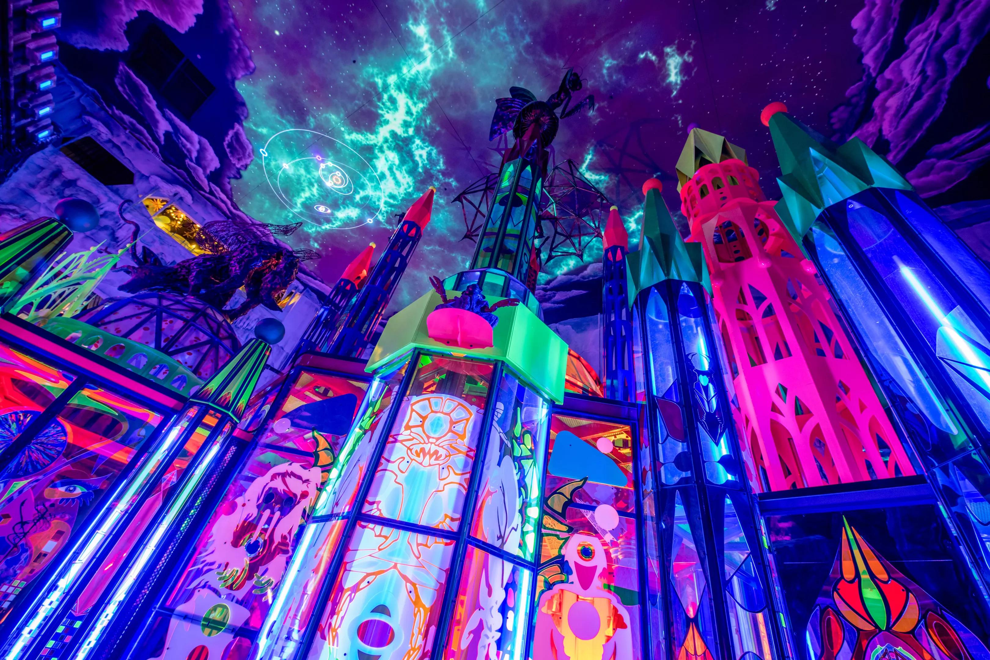 A photo of a colorful castle with an ominous cloud overhead.
