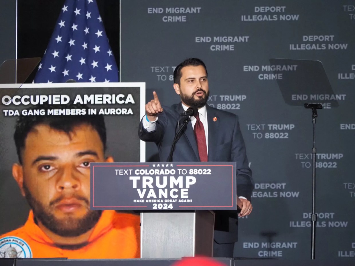 Dave Williams speaks during a rally for Donald Trump on October 11, 2024, at the Gaylord Rockies Resort in Aurora.