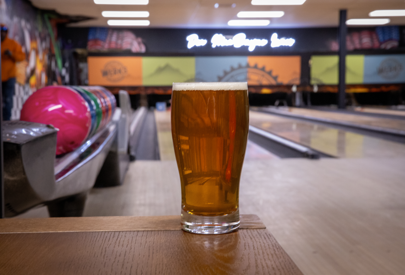 A beer at a bowling lane.