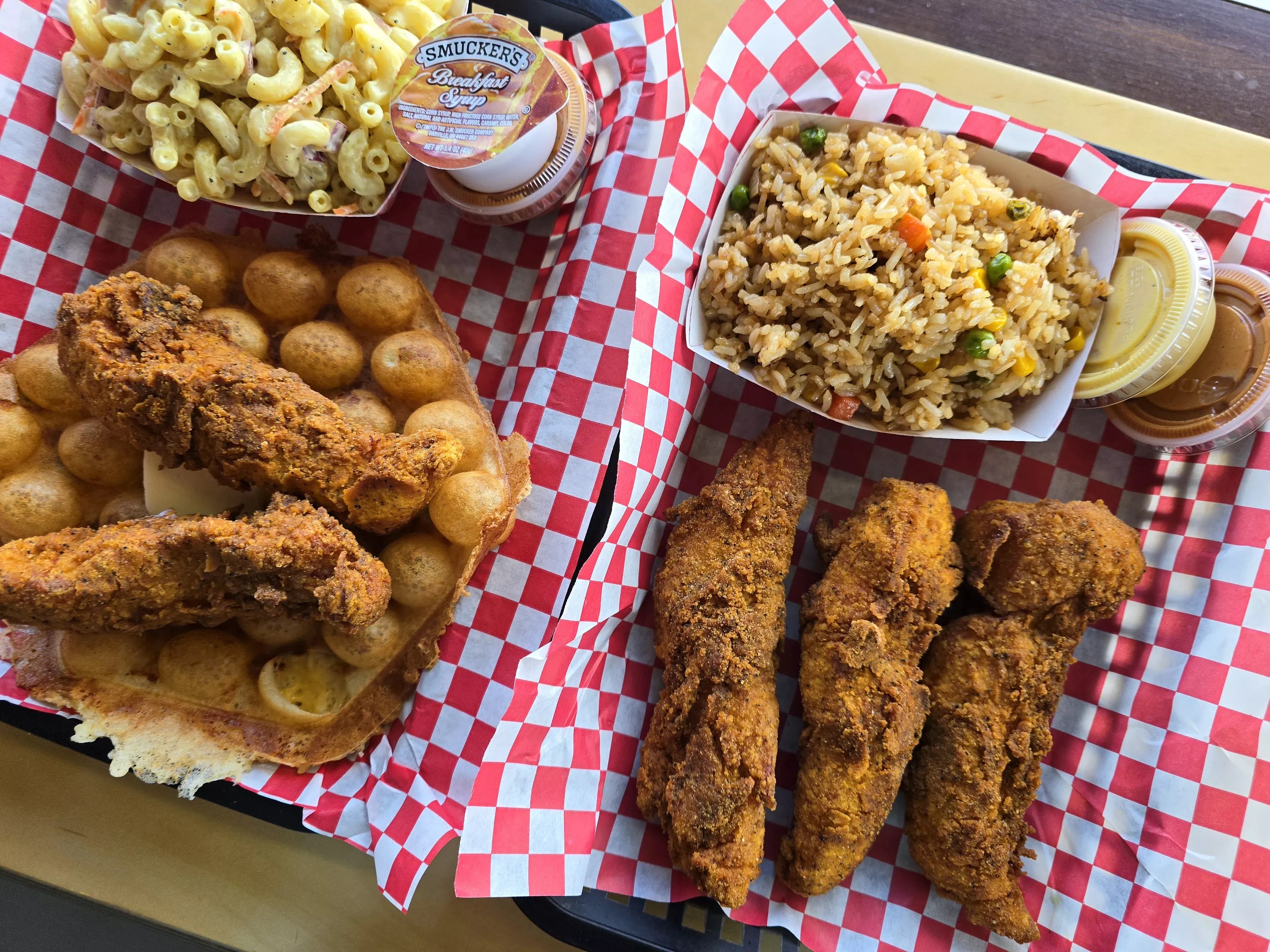 Chicken tenders, chicken and bubble waffles