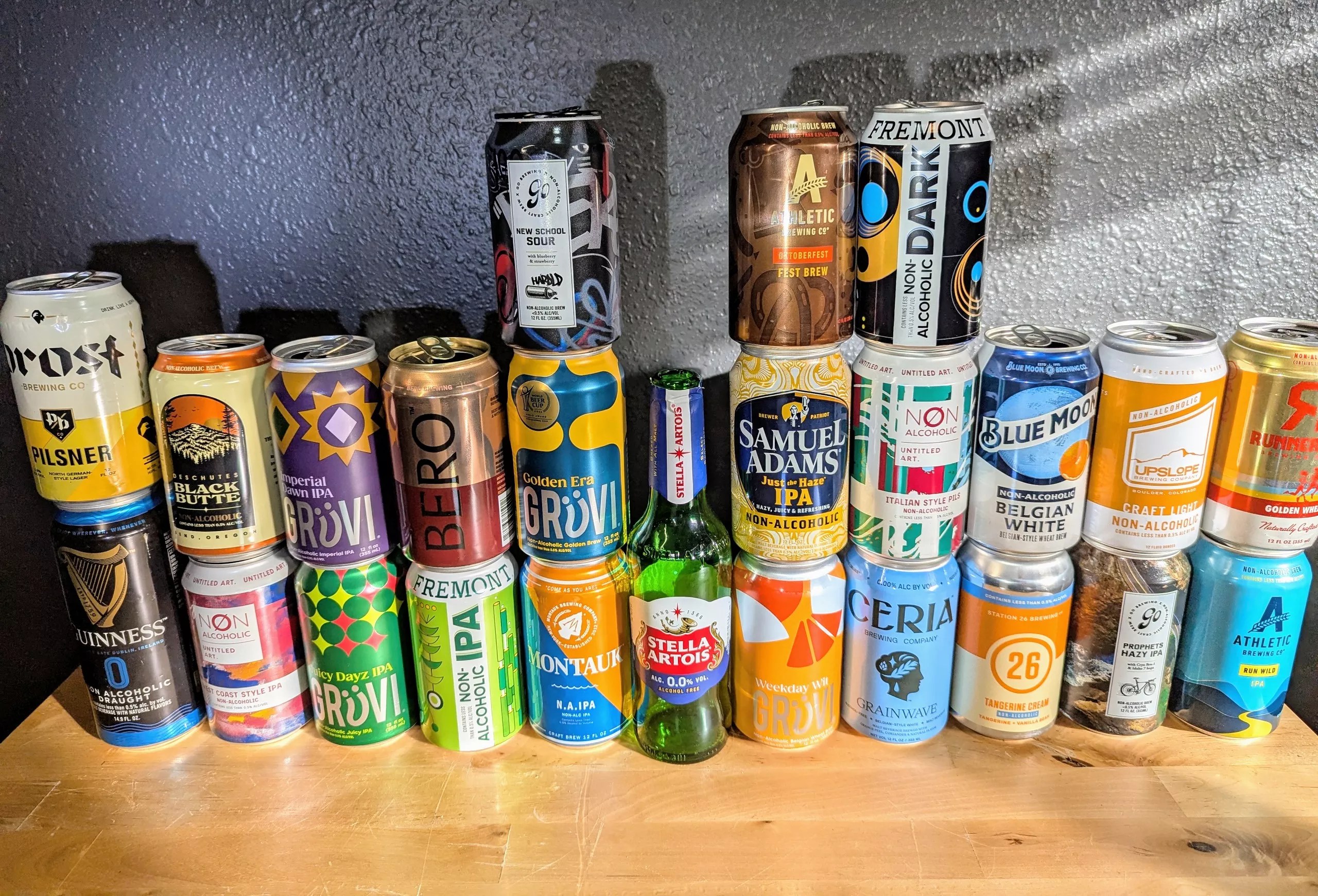 cans of N/A beer lined up on a counter