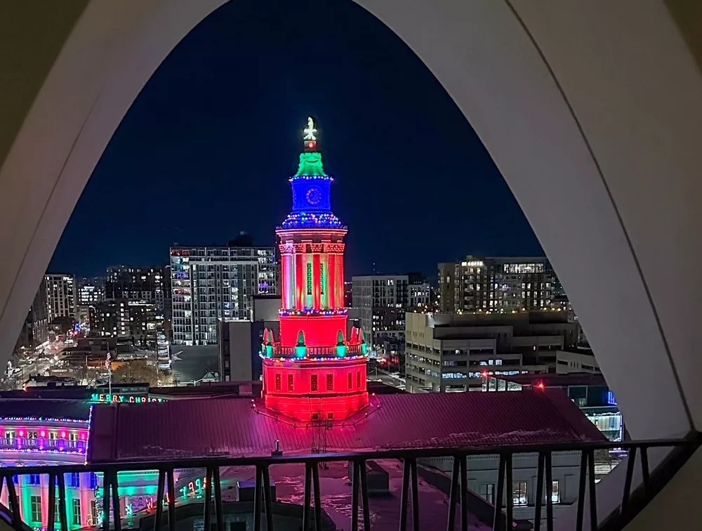 building lit up for holidays