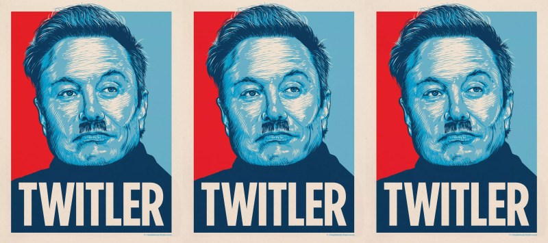 An illustration of Elon Musk with a Hitler mustahce.