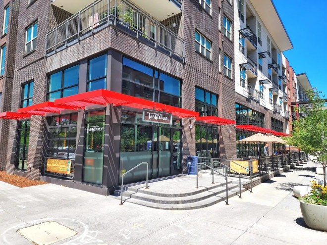 bar on first floor of modern building