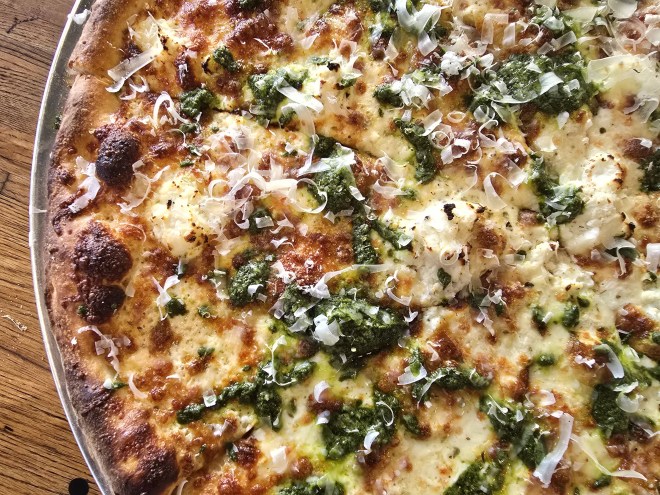 white pizza with pesto