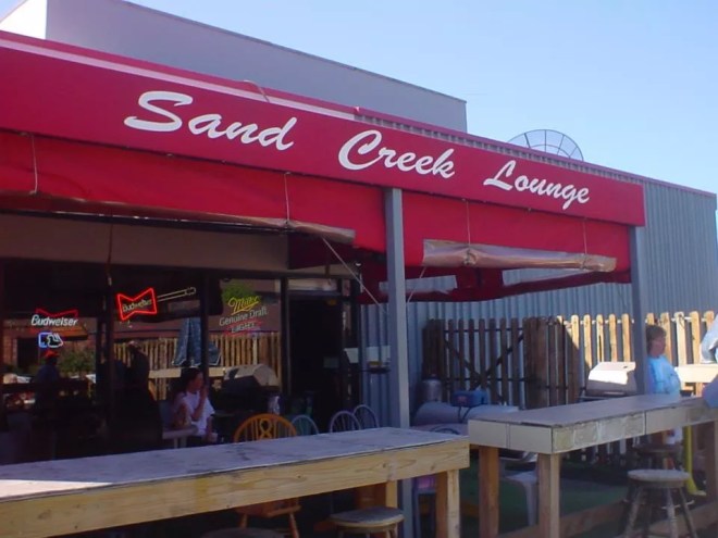 red awning on a patio