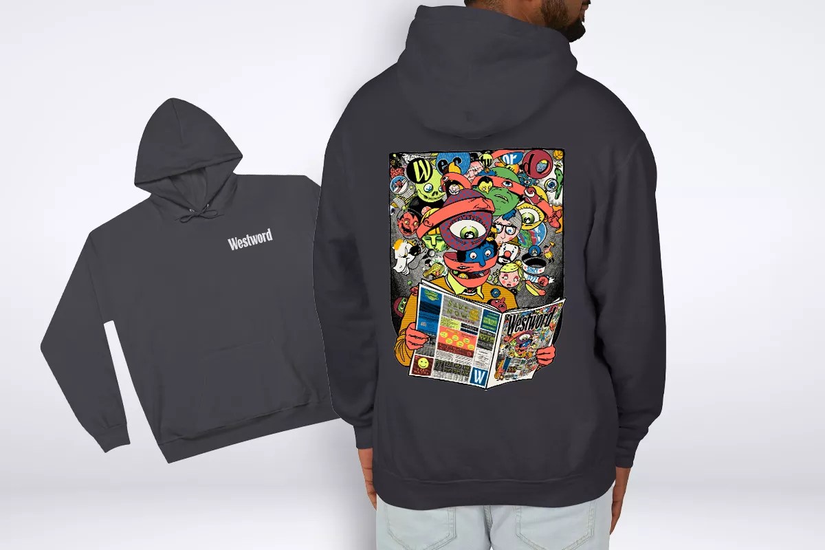 black hoodie with colorful graphic