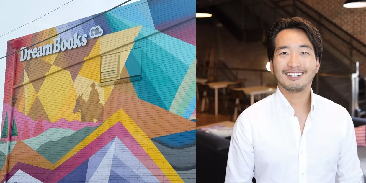 A portrait of a person and a photo of a building