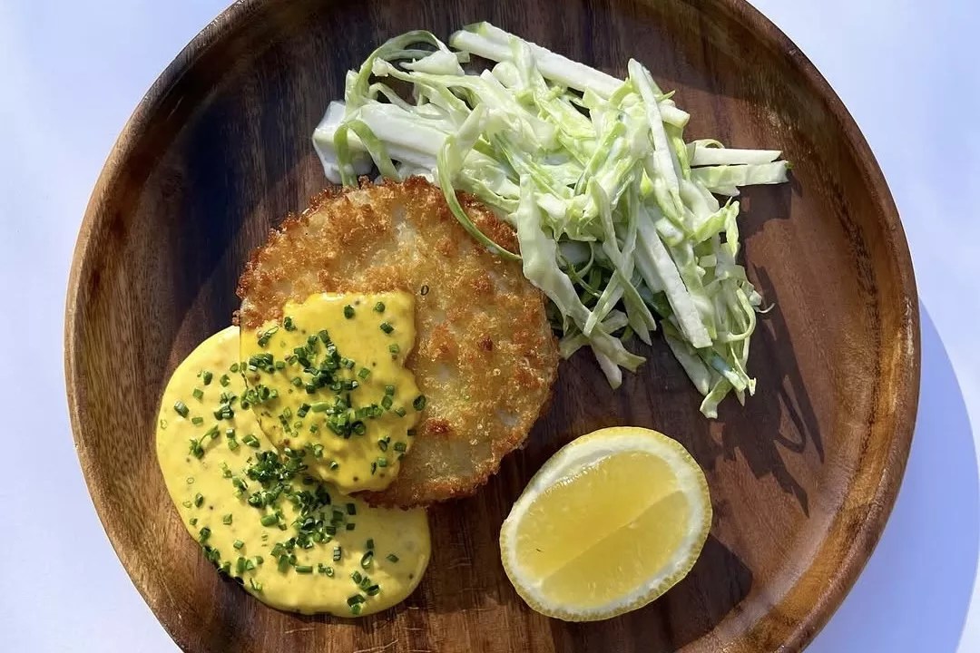 A creamy fennel-apple salad alongside deep-fried celeriac topped with whole grain mustard
