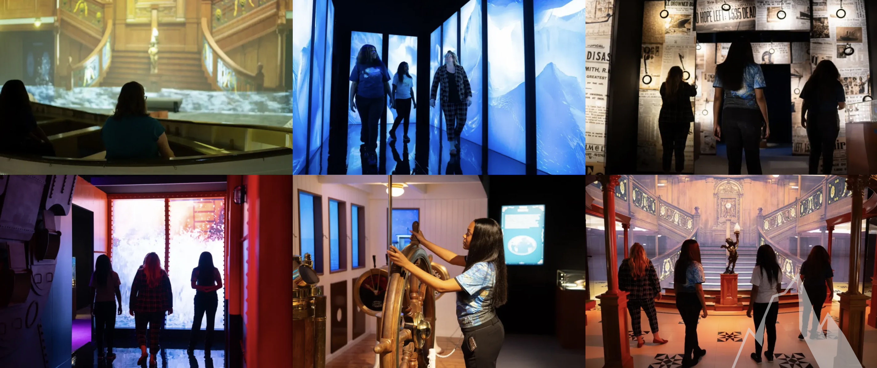 pictures of people walking through halls and interacting with props