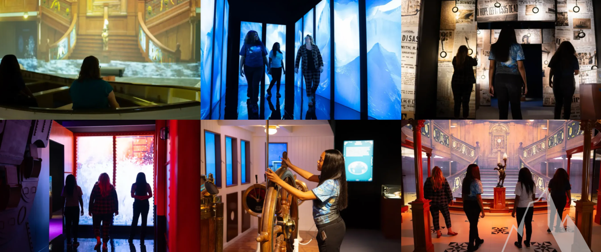 pictures of people walking through halls and interacting with props