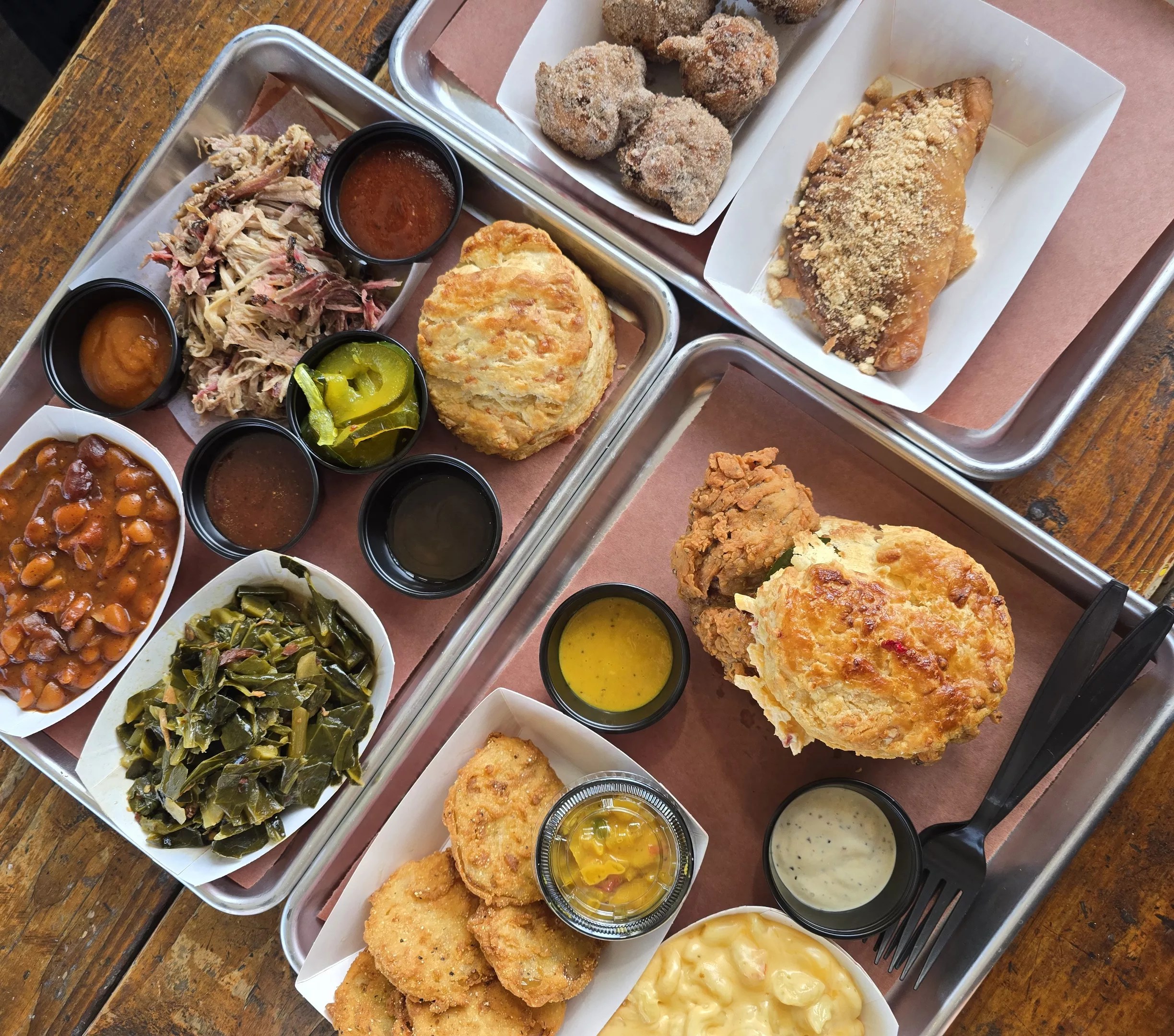 barbecue meat and sides on trays