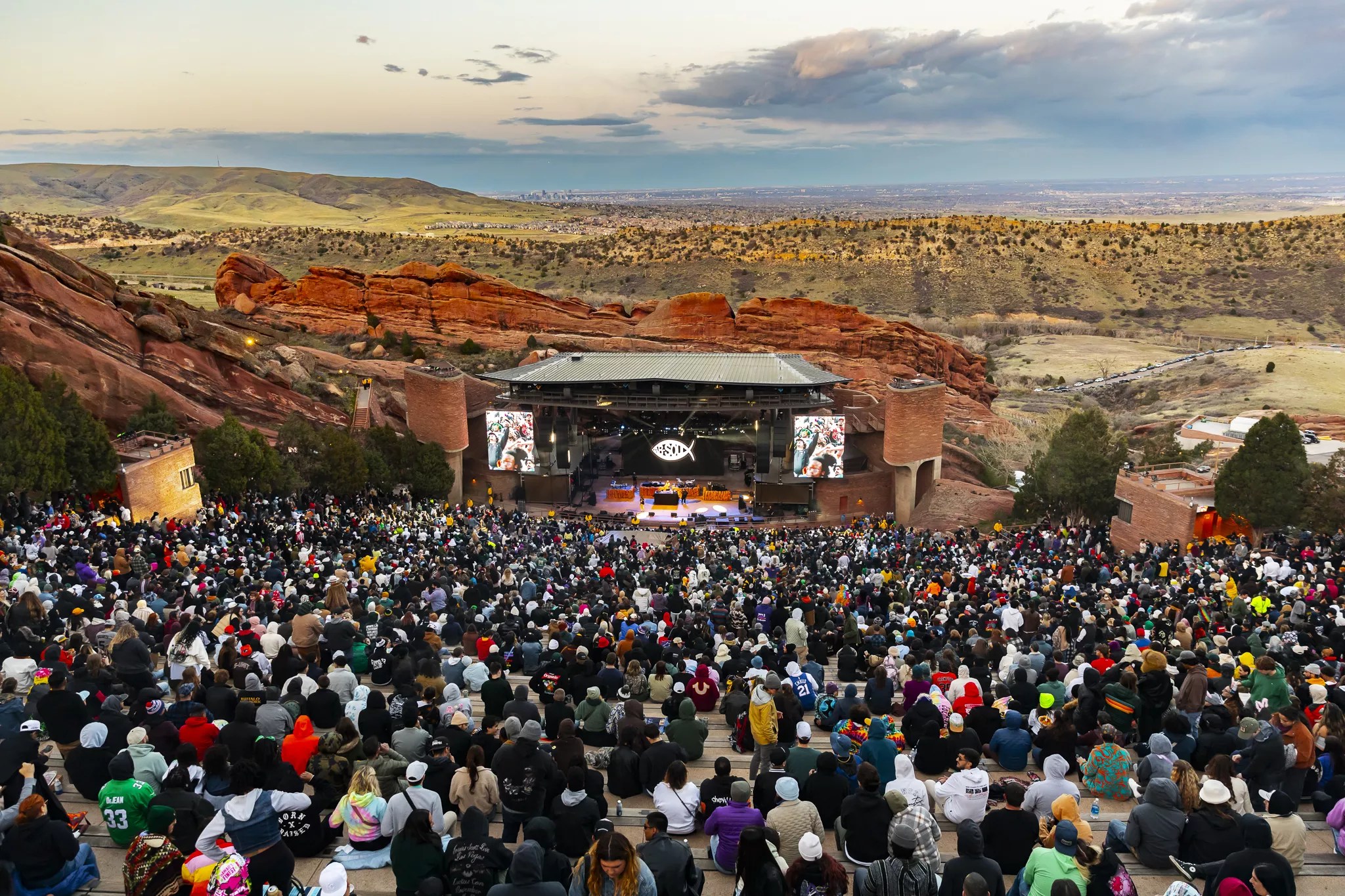 A photo of Red Rocks filled with concertgoers for Wiz Khalifa on 4/20.