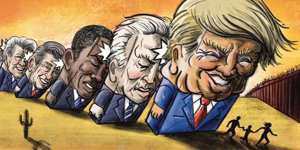 a series of presidents-as-dominos — from bill clinton to george bush to barack obama to joe biden — knock into each other, pushing a trump domino onto a small family in the desert