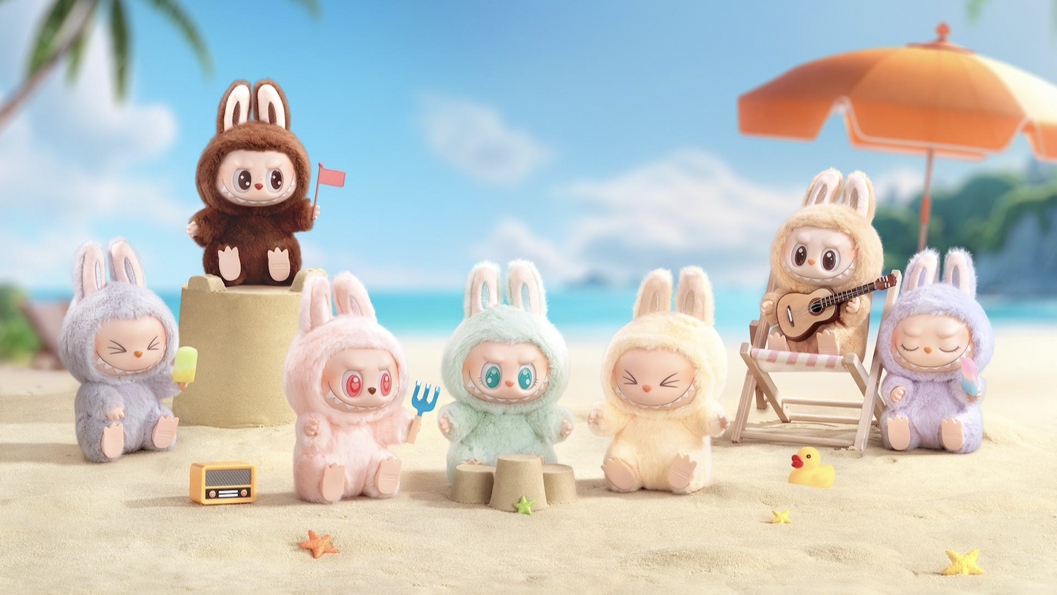 7 Labubu plush toys sit on a beach while each doing their own activity.