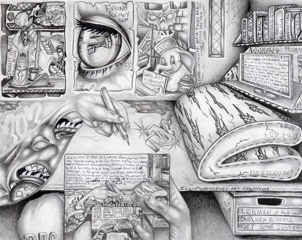 pencil drawing of man in cell