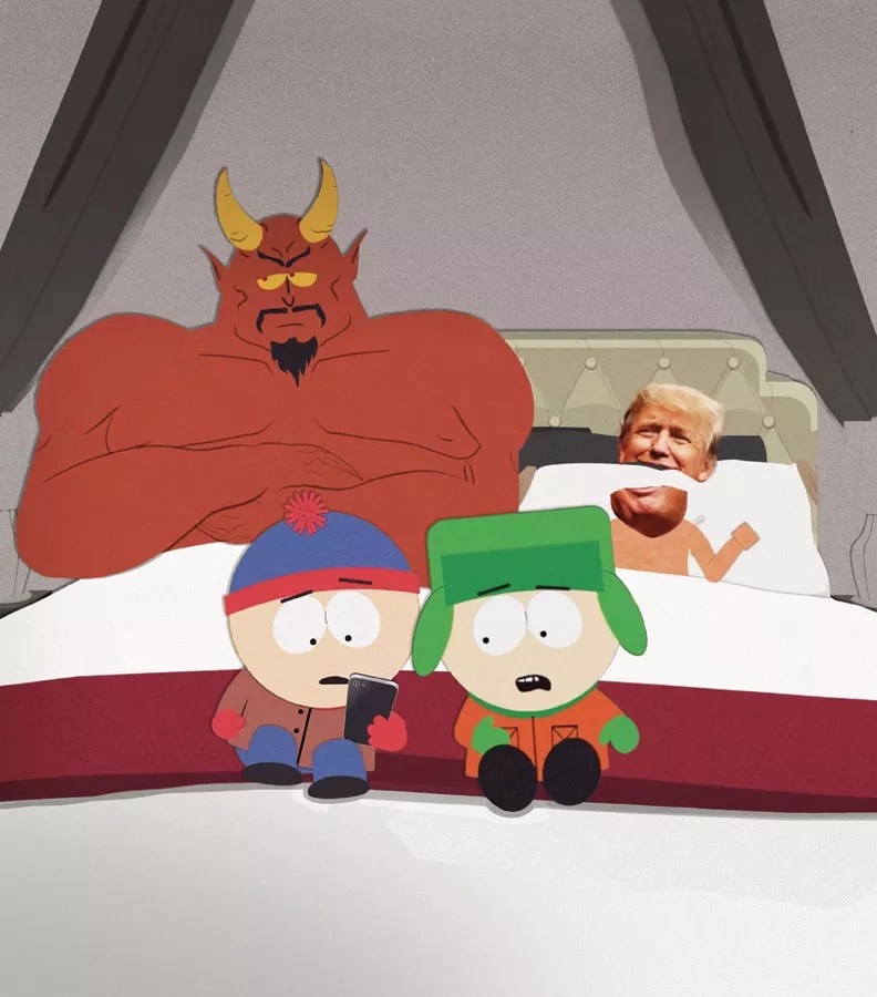 trump and satan in bed while the south park boys cringe at a phone