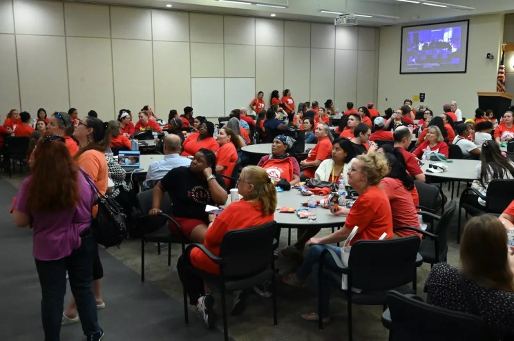 People show up to support a union.