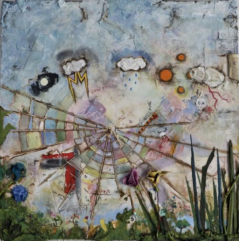 Art depicting a storm and a web of found object collage