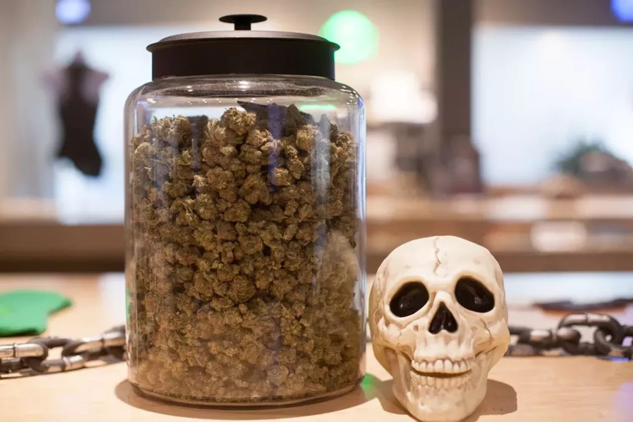 Skull halloween decoration next to a jar of weed